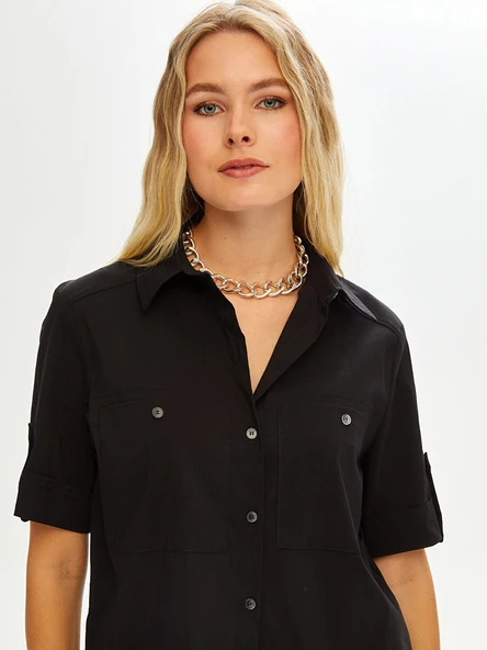 Faik Sönmez Kadın Kısa Kollu Stretch Poplin Gömlek U68358 - 5