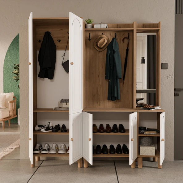 SET 5084-5072-5088 RAPSODY SAĞ AYNALI 7 KAPAKLI (MEMBRAN) 9 ASKILI BOHEM PORTMANTO SEPET-BEYAZ - 5