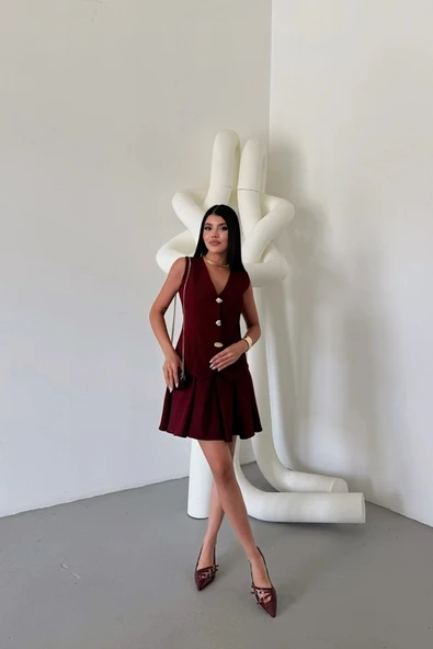 YELEK - PİLELİ ETEK GÖRÜNÜMLÜ ELBİSE - Bordo - 2