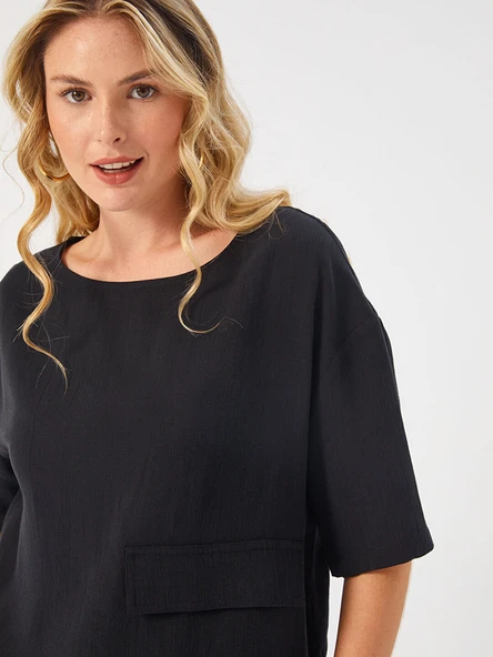 Faik Sönmez Kadın Önü Cep Detaylı Dokuma Bluz U68182 - 5