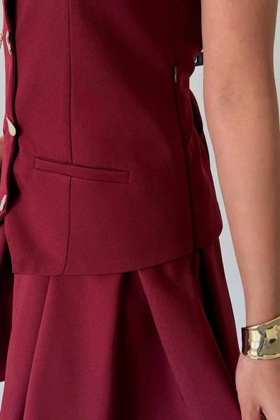 YELEK - PİLELİ ETEK GÖRÜNÜMLÜ ELBİSE - Bordo - 4