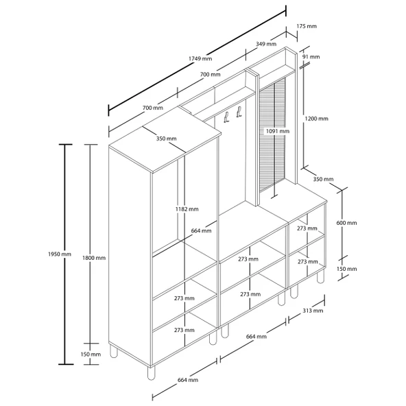 SET 5084-5072-5088 RAPSODY SAĞ AYNALI 7 KAPAKLI (MEMBRAN) 9 ASKILI BOHEM PORTMANTO SEPET-BEYAZ - 2