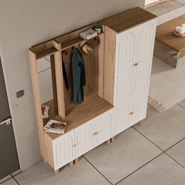 Set 5089-5072-5084 Rapsody Sol Aynalı 7 Kapaklı (MEMBRAN) 9 Askılı Bohem Portmanto Sepet-beyaz - 6