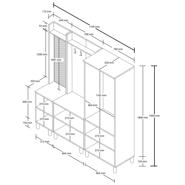 Set 5089-5072-5084 Rapsody Sol Aynalı 7 Kapaklı (MEMBRAN) 9 Askılı Bohem Portmanto Sepet-beyaz - 2