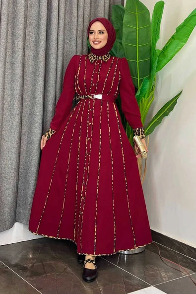 Leopar Biyeli Kemerli Elbise 3930 Bordo