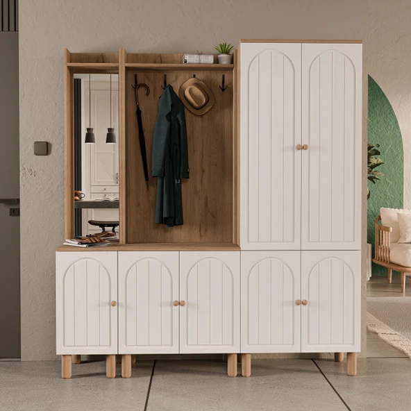 Set 5089-5072-5084 Rapsody Sol Aynalı 7 Kapaklı (MEMBRAN) 9 Askılı Bohem Portmanto Sepet-beyaz - 3