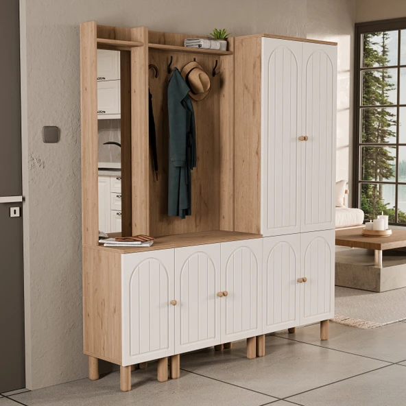 Set 5089-5072-5084 Rapsody Sol Aynalı 7 Kapaklı (MEMBRAN) 9 Askılı Bohem Portmanto Sepet-beyaz - 4