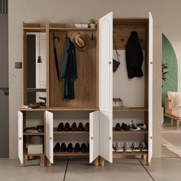 Set 5089-5072-5084 Rapsody Sol Aynalı 7 Kapaklı (MEMBRAN) 9 Askılı Bohem Portmanto Sepet-beyaz - 5