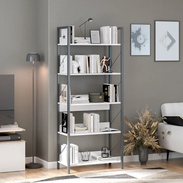 Profile Kitaplık 5 Raflı Diamond Beyaz / Siyah 73x172x35 cm - 4
