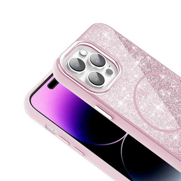 iPhone 14 Pro Max Kılıf Magsafe Şarj Özellikli Parlayan Simli Okso Kapak - Resim 6