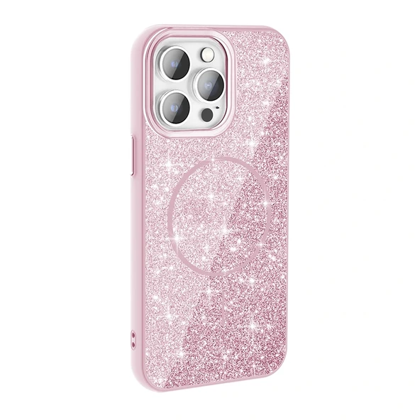 iPhone 14 Pro Max Kılıf Magsafe Şarj Özellikli Parlayan Simli Okso Kapak - Resim 5