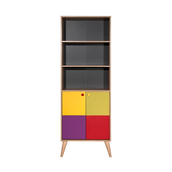 Rainbow Genç Odası 10 Raflı 5 Kapaklı Kitaplık Sonoma / Karşık Renk 67x185x30 cm