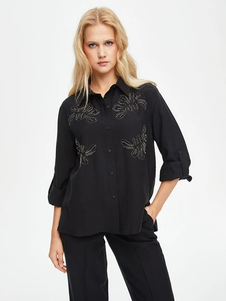 Faik Sönmez Kadın Zincir Ve Boncuk Nakışlı Liyoselli Gömlek U69300 - 5