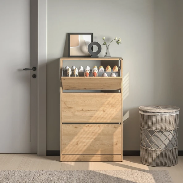 Flat Duo 3 Katlı Geniş Ayakkabılık - Florida Meşe 73x119x26 cm - 6