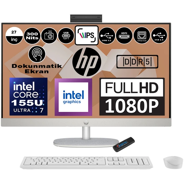 Hp 27-CR1021NT Intel Core Ultra 7 155U 96GB Ddr5 Ddr5 2tb SSD Freedos Intel® Aı Boost 27 Inç Dokunmatik IPS Fullhd All In One Bilgisayar 9W334EAF23+ Zetta Flash Bellek