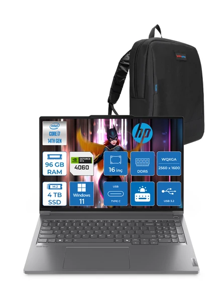 Lenovo Thinkbook 16P G5 Intel Core I7 14650HX 96GB Ddr5 4tb SSD RTX4060 8gb Windows 11 Pro 16" Wqxga (2560X1600) IPS 400NITS Taşınabilir Bilgisayar 21N50018TRP20 + Zetta Çanta