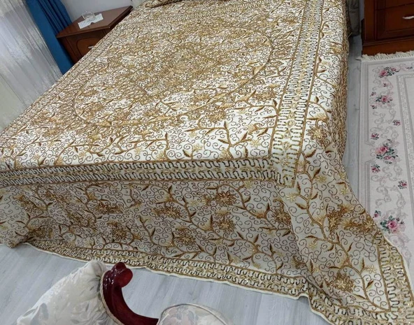 Pullu Boncuklu Ağır İşlemeli Otantik Çift Kişilik Yatak Örtüsü (240x270)-Gold - 2