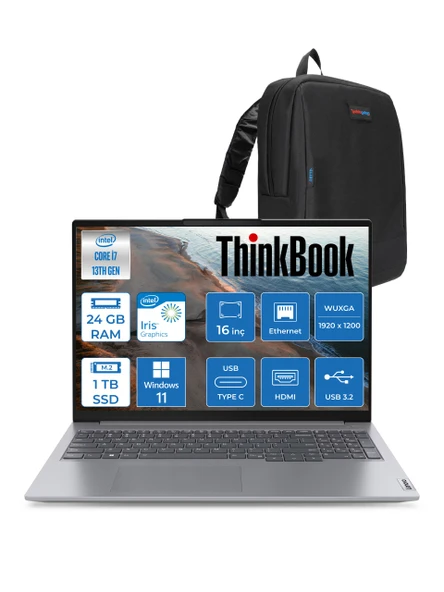 Lenovo Thinkbook 16 G6 Irl Intel Core I7 13700H 24GB Ddr5 1tb SSD Intel Iris Xe 16" Wuxga 300NITS IPS Windows 11 Pro Taşınabilir Bilgisayar 21KH00V1TRP06 + Zetta Çanta