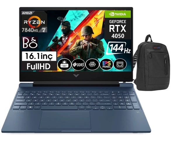 Hp Victus 16-S0022NT Amd Ryzen7 7840HS 32GB Ddr5 Ram 512GB SSD 6gb RTX4050 16,1 Inç 144Hz IPS Fhd WINDOWS11HOME Taşınabilir Bilgisayar 77Z588EA13+ZETTAÇANTA