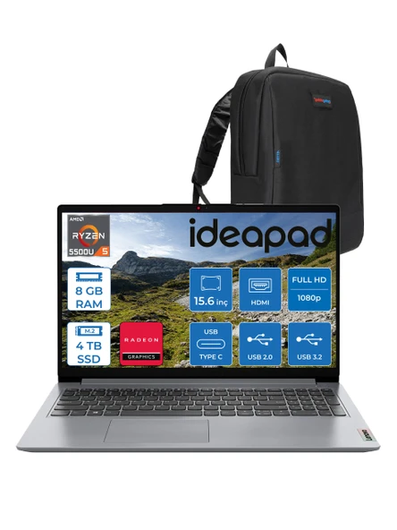Lenovo Ideapad 1 15ALC7 Amd Ryzen 5 5500U 8gb 4tb SSD Amd Radeon Graphics Freedos 15.6" Fullhd Taşınabilir Bilgisayar Gri 82R400S7TXF05 + Zetta Çanta