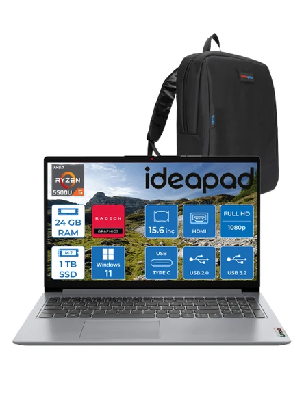 Lenovo Ideapad 1 15ALC7 Amd Ryzen 5 5500U 24GB 1tb SSD Amd Radeon Graphics Windows 11 Pro 15.6" Fullhd Taşınabilir Bilgisayar Gri 82R400S7TXP18 + Zetta Çanta
