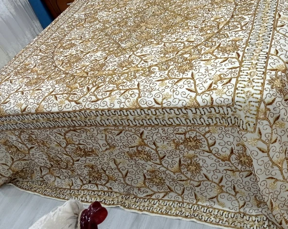 Pullu Boncuklu Ağır İşlemeli Otantik Çift Kişilik Yatak Örtüsü (240x270)-Gold - 3