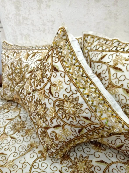 Pullu Boncuklu Ağır İşlemeli Otantik Çift Kişilik Yatak Örtüsü (240x270)-Gold - 4