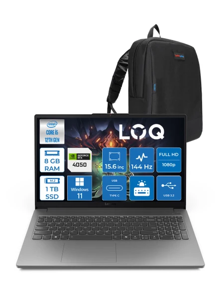 Lenovo Loq 15IAX9E Intel Core I5 12450HX Ddr5 8gb 1tb SSD 15.6" IPS Fhd 144Hz RTX4050 Windows 11 Pro Gaming Laptop 83LK002PTRP02 + Zetta Çanta