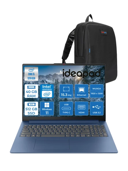 Lenovo Ideapad Slim 3 15IRH10 Intel Core I5 13420H 40GB 512GB SSD Windows 11 Home 15.3" Wuxga (1920X1200) IPS 300NITS Taşınabilir Bilgisayar 83K10062TRH07 + Zetta Çanta