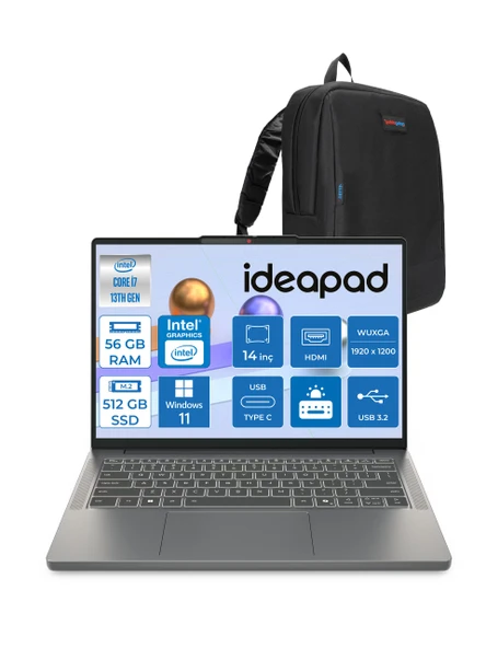 Lenovo Ideapad Slim 3 14IRH10 Intel Core I7 13620H 56GB 512GB SSD Windows 11 Home 14" Wuxga (1920X1200) IPS 300NITS Taşınabilir Bilgisayar 83K0002ATRH10 + Zetta Çanta