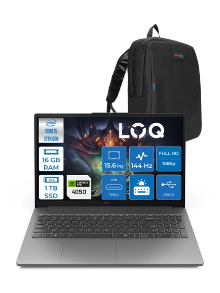 Lenovo Loq 15IAX9E Intel Core I5 12450HX Ddr5 16GB 1tb SSD 15.6" IPS Fhd 144Hz RTX4050 Freedos Gaming Laptop 83LK002PTRF05 + Zetta Çanta