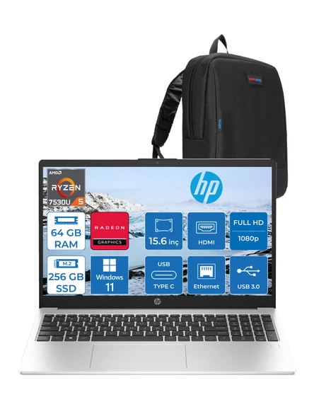 Hp 255 G10 Amd Ryzen 5 7530U 64GB 256GB SSD Amd Radeon Grafik Windows 11 Home 15.6" Taşınabilir Bilgisayar 9G1G0ETH31 + Zetta Çanta