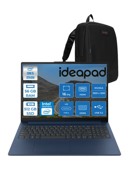 Lenovo Ideapad Slim 3 16IRH10 Intel Core I5 13420H 56GB 512GB SSD Freedos 16" Wuxga (1920X1200) IPS 300NITS Taşınabilir Bilgisayar 83K2001RTRF10 + Zetta Çanta