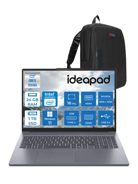 Lenovo Ideapad Slim 3 16IRH10 Intel Core I5 13420H 24GB 1tb SSD Windows 11 Home 16" Wuxga (1920X1200) IPS 300NITS Taşınabilir Bilgisayar 83K2001UTRH05 + Zetta Çanta