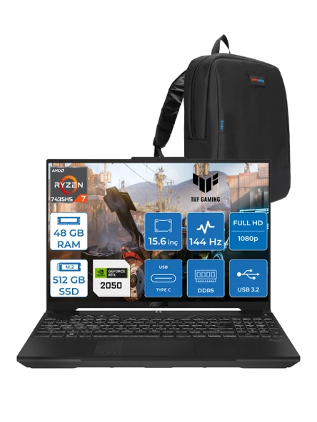 Asus Tuf Gaming A15 FA506NFR Amd Ryzen 7 7435HS 48GB Ddr5 512GB SSD RTX2050 4gb 15.6" Fhd IPS 144HZ Freedos Taşınabilir Bilgisayar HN012F17 + Zetta Çanta