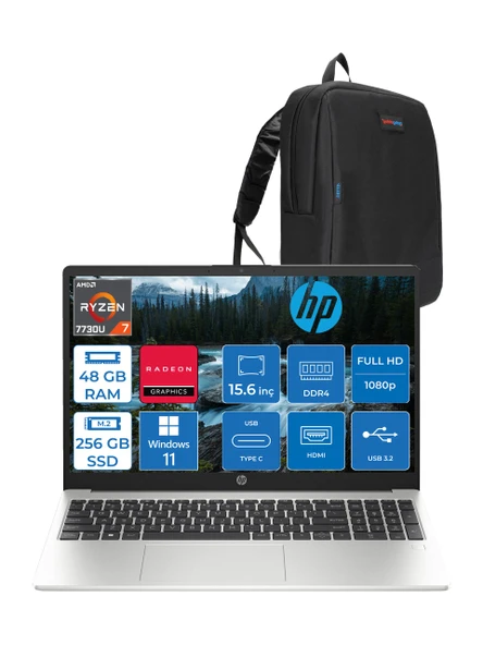Hp 255 G10 Amd Ryzen 7 7730U 48GB 256GB SSD Amd Radeon Grafik Windows 11 Pro 15.6" Taşınabilir Bilgisayar 9G1F9ETP26 + Zetta Çanta