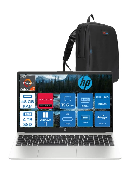Hp 255 G10 Amd Ryzen 7 7730U 48GB 4tb SSD Amd Radeon Grafik Windows 11 Pro 15.6" Taşınabilir Bilgisayar 9G1F9ETP30 + Zetta Çanta