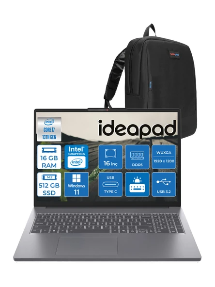 Lenovo Ideapad Slim 3 16IRH10 Intel Core I7 13620H 16GB 512GB SSD Windows 11 Home 16" Wuxga (1920X1200) IPS 300NITS Taşınabilir Bilgisayar 83K2001VTRH01 + Zetta Çanta ürün görseli