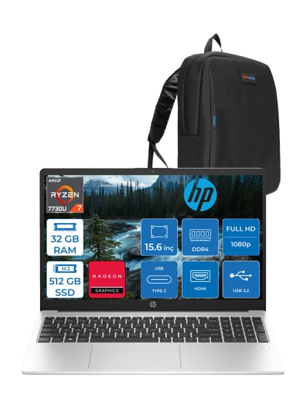 Hp 255 G10 Amd Ryzen 7 7730U 32GB 512GB SSD Amd Radeon Grafik Freedos 15.6" Taşınabilir Bilgisayar 9G1F9ETF17 + Zetta Çanta