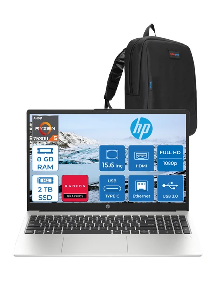 Hp 255 G10 Amd Ryzen 5 7530U 8gb 2tb SSD Amd Radeon Grafik Freedos 15.6" Taşınabilir Bilgisayar 9G1G0ETF04 + Zetta Çanta