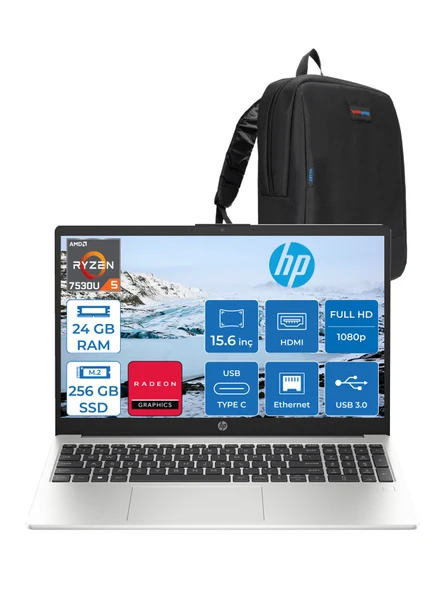 Hp 255 G10 Amd Ryzen 5 7530U 24GB 256GB SSD Amd Radeon Grafik Freedos 15.6" Taşınabilir Bilgisayar 9G1G0ETF11 + Zetta Çanta