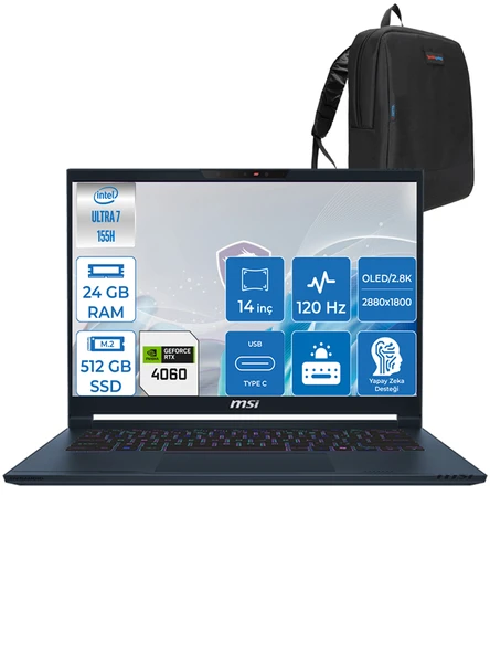MSI Stealth 14 Aı Studıo Ultra 7 155H 24GB Ddr5 512GB SSD 8GB/RTX4060/105W 14" 2.8k OLED 120Hz Freedos Taşınabilir Bilgisayar MSA1VFGF03 + Zettaçanta