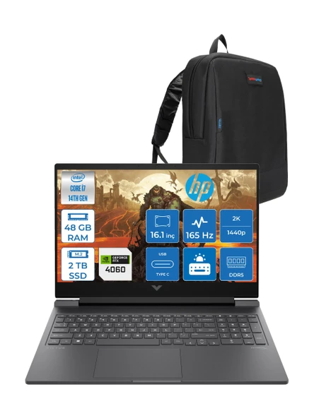 Hp Victus 16-R1088NT Intel Core I7-14700HX 48GB Ddr5 2tb SSD RTX4060 8gb Freedos 16.1 Inç 2k Qhd 165Hz 3ms IPS Gaming Laptop B8SG7EAF15 + Zetta Çanta