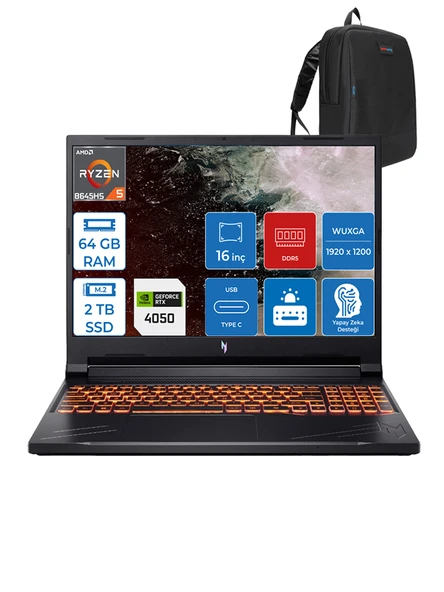 Acer Nitro ANV16 Ryzen 5 8645HS 64GB Ddr5 2tb SSD 6GB/RTX4050/85W WIN11HOME 16" Wuxga 165Hz Taşınabilir Bilgisayar NHQRVEYH19 + Zettausbbellek