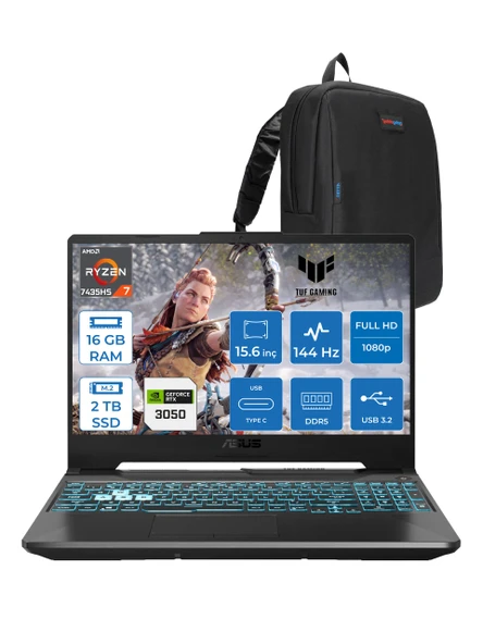 Asus Tuf Gaming A15 FA506NCR Amd Ryzen 7 7435HS 16GB Ddr5 2tb SSD RTX3050 4gb 15.6" Fhd IPS 144HZ Freedos Taşınabilir Bilgisayar HN034F03 + Zetta Çanta