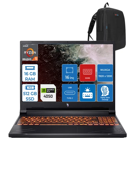 Acer Nitro ANV16 Ryzen 5 8645HS 16GB Ddr5 512GB SSD 6GB/RTX4050/85W WIN11HOME 16" Wuxga 165Hz Taşınabilir Bilgisayar NHQRVEYH01 + Zettausbbellek