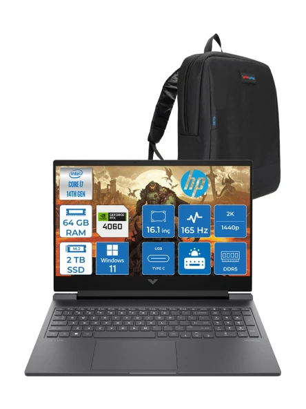 Hp Victus 16-R1088NT Intel Core I7-14700HX 64GB Ddr5 2tb SSD RTX4060 8gb Windows 11 Home 16.1 Inç 2k Qhd 165Hz 3ms IPS Gaming Laptop B8SG7EAH19 + Zetta Çanta