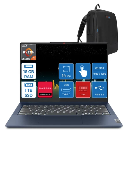 Lenovo Ideapad 5 Amd Ryzen 5 8645HS 16GB Ddr5 1tb SSD WIN11PRO 14" Wuxga 300NITS IPS Dokunmatik Bilgisayar ID83DR0030TRP03 + Zettaçanta