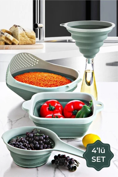 Vienev 4 Parça Akordiyon Süzgeç Setii-çeyiz Seti 1x(HUNİ, SAPLI SÜZGEÇ, KARE SÜZGEÇ, PİRİNÇ SÜZGECİ) Yeşil