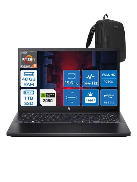 Acer Nitro V15 Amd Ryzen 5 7535HS 48GB Ddr5 1tb SSD 4GB/RTX2050/75W WIN11HOME 15.6" Fhd 144Hz Taşınabilir Bilgisayar ANV15R3F8H14 + Zettaçanta